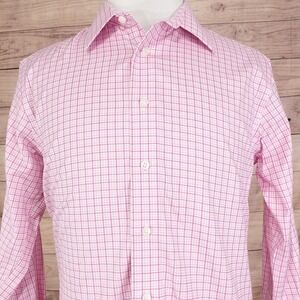 Egara Shirt Mens Large Pink Check Slim Fit Non-Iron Long Sleeve Stretch Dress